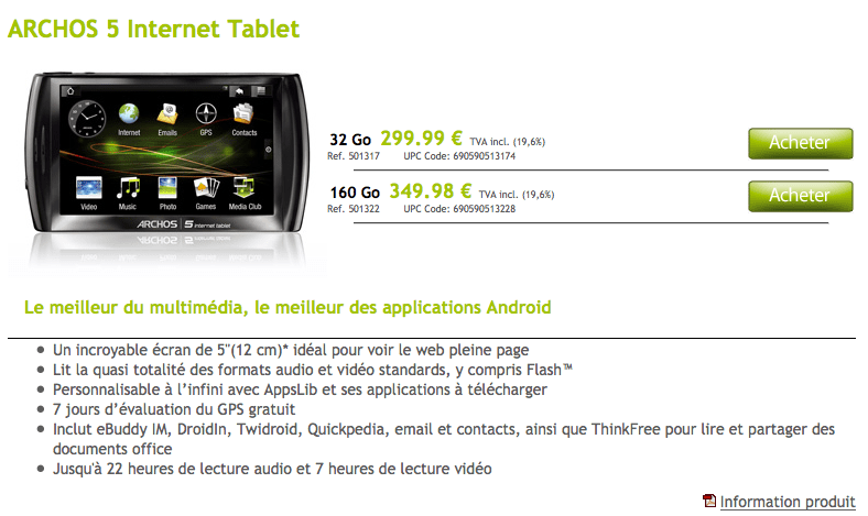 L’Archos 5 Internet Tablet disponible sur l’Archos Store