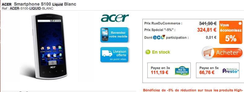 L’Acer Liquid à 325 euros sur RueDuCommerce
