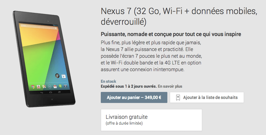 La Nexus 7 (2013) version LTE (4G) est disponible sur le Google Play