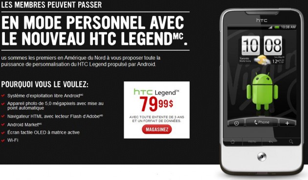 Le HTC Legend chez Virgin Mobile Canada