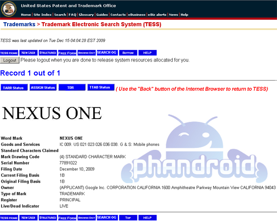 Google a déposé la marque Nexus One aux US