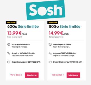 Les forfaits mobile Sosh, c’est 60 ou 80 Go pour seulement 1 € de différence