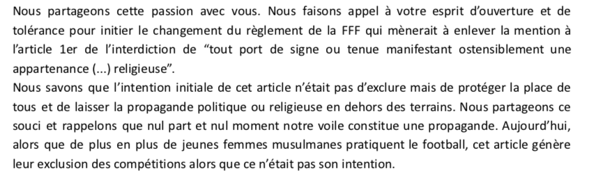 Extrait de la lettre ouverte des Hijabeuses au président de la Fédération Française de Football