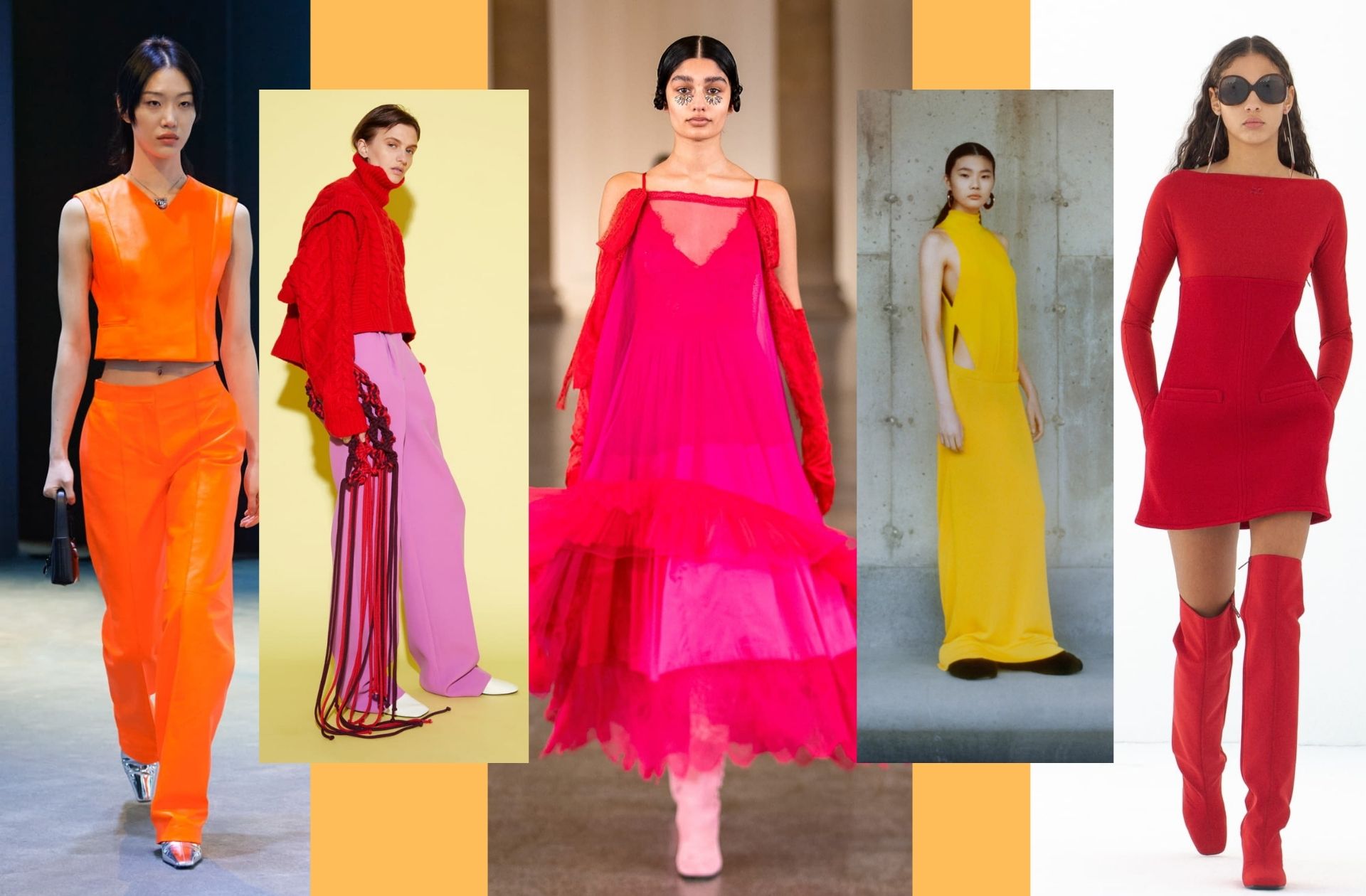 La palette de couleurs chaudes optimistes aperçue chez Salvatore Ferragamo, Aknvas, Bora Aksu, Proenza Schouler, ou encore Courrèges.