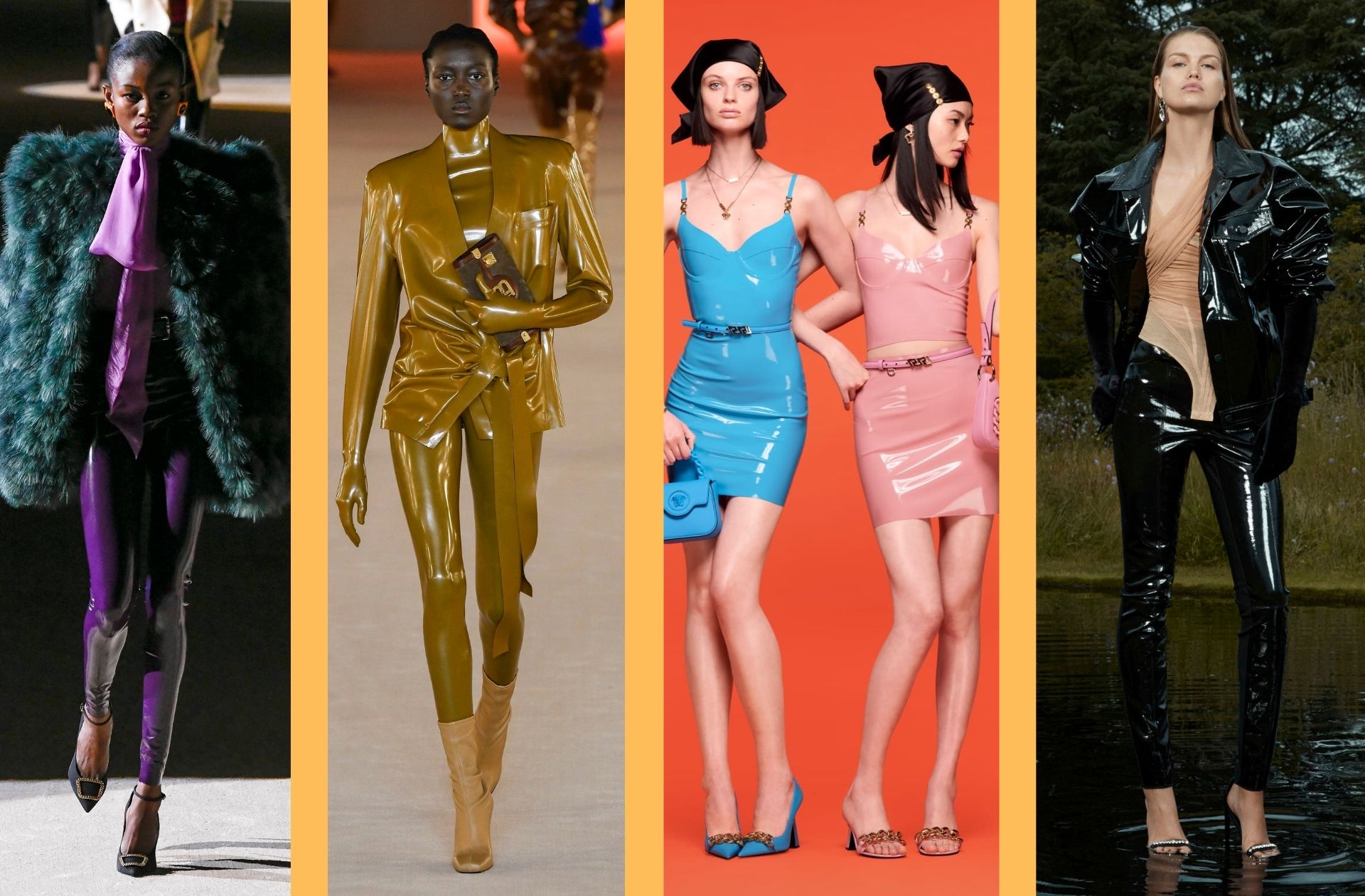 Des propositions en latex aperçues chez Saint Laurent, Balmain, Versace, et David Koma.