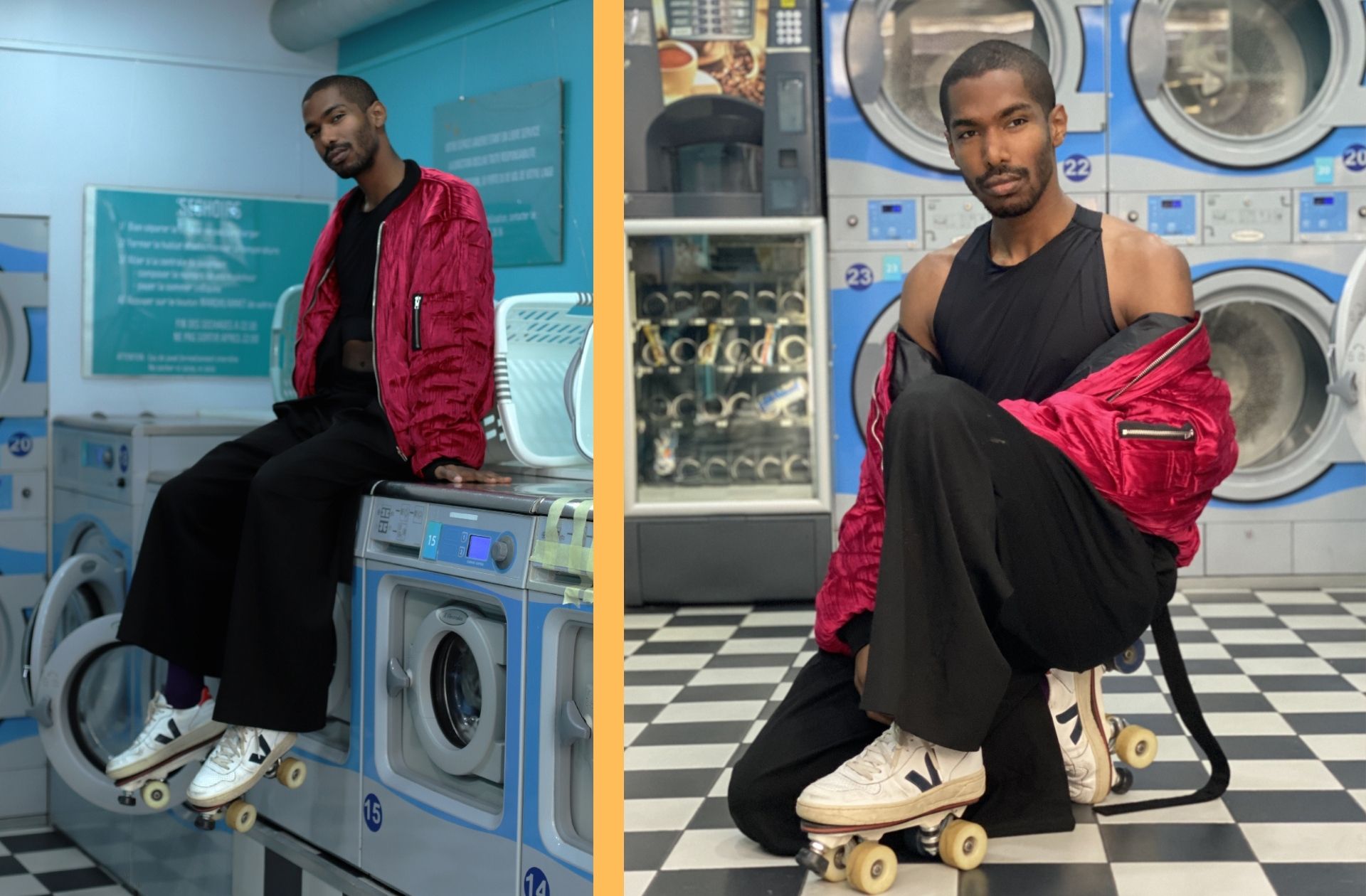 Anthony Vincent surpris en pleine lessive pour le Street Style de Madmoizelle. © Inès Pollon.