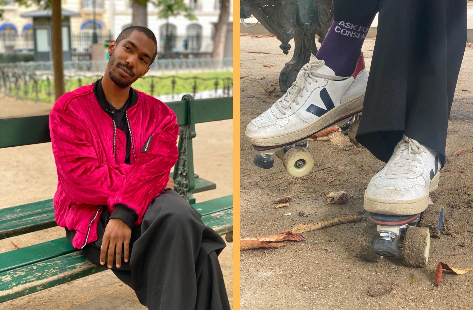 Anthony Vincent en bomber, brassière, pantalon palazzo et patins à roulettes. © Inès Pollon
