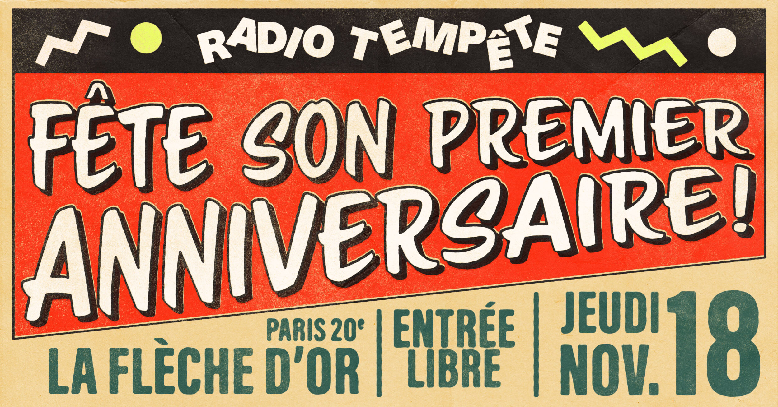 Lien vers l’événement Facebook de la soirée d’anniversaire de Radio Tempête.