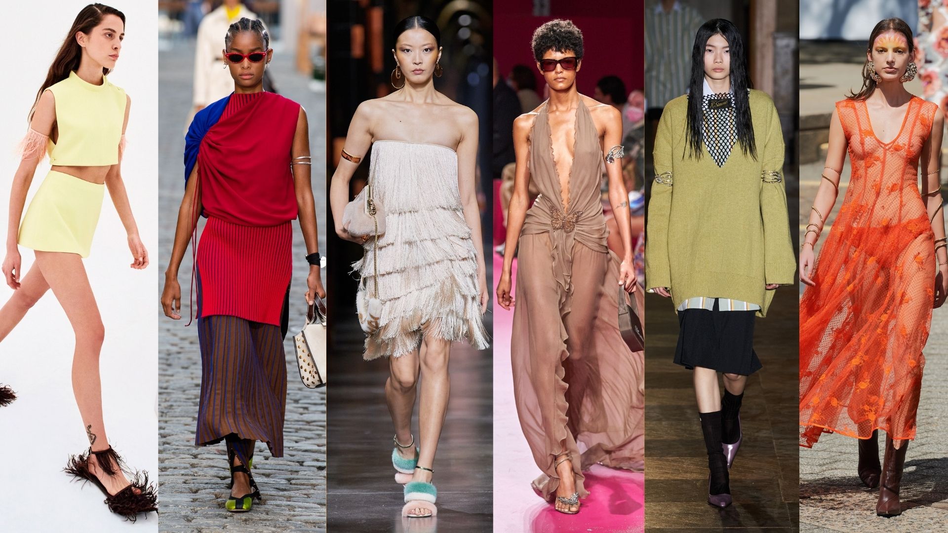 De gauche à droite : Collections printemps-été 2022 Emilio Pucci, Tory Burch, Fendi, Blumarine, Raf Simons, Rodarte