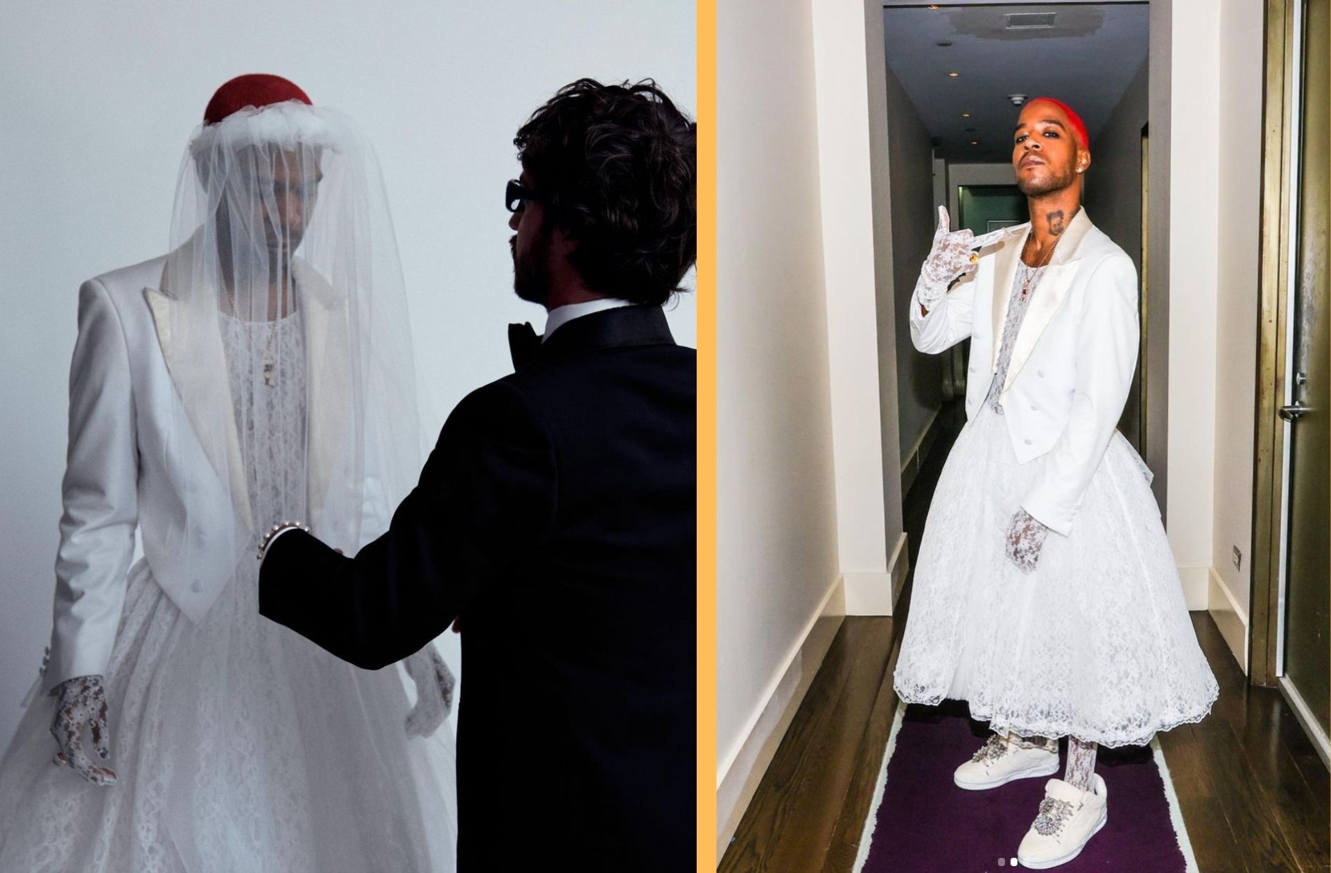 Kid Cudi dans sa robe de marié(e) de la marque ERL aux CFDA 2021. © @erl__________
