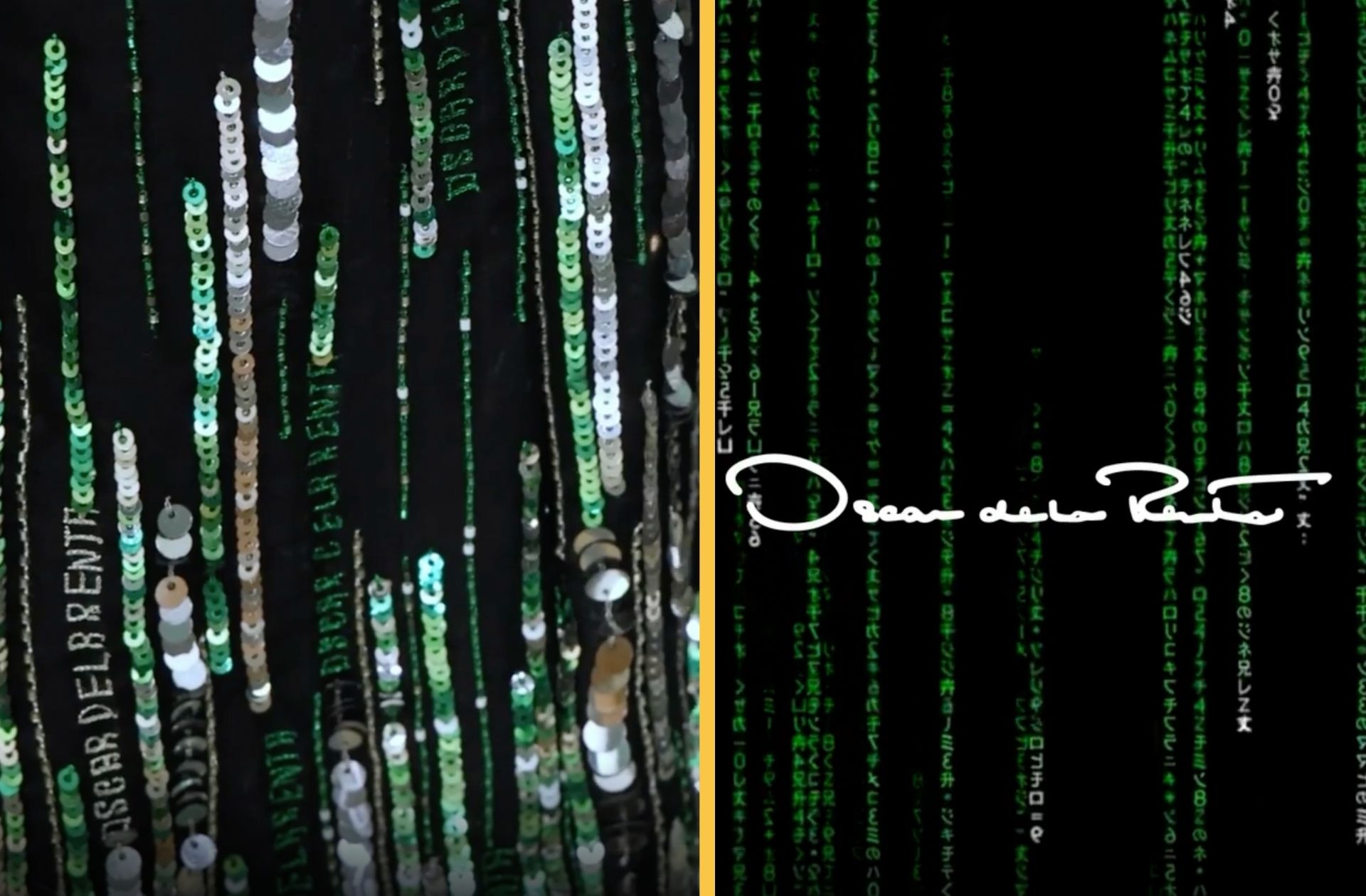 Le détail des broderies Oscar de la Renta pour la robe de Carrie-Anne Moss. © captures d’écran Instagram de Oscar de la Renta.